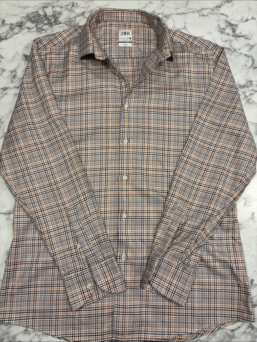 ZARA Men's Plaid Dress Shirt in Orange and Beige